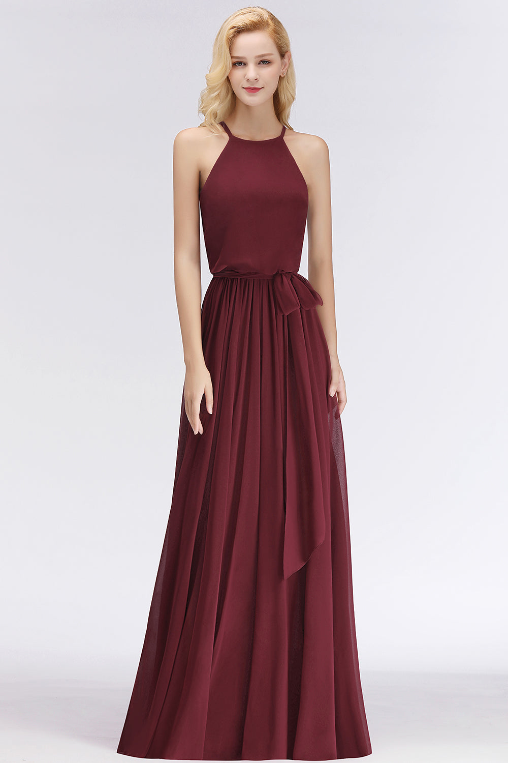 Affordable Halter Bow Long Bridesmaid Dress Modest Burgundy Chiffon Wedding Party Dress-Babyonlines