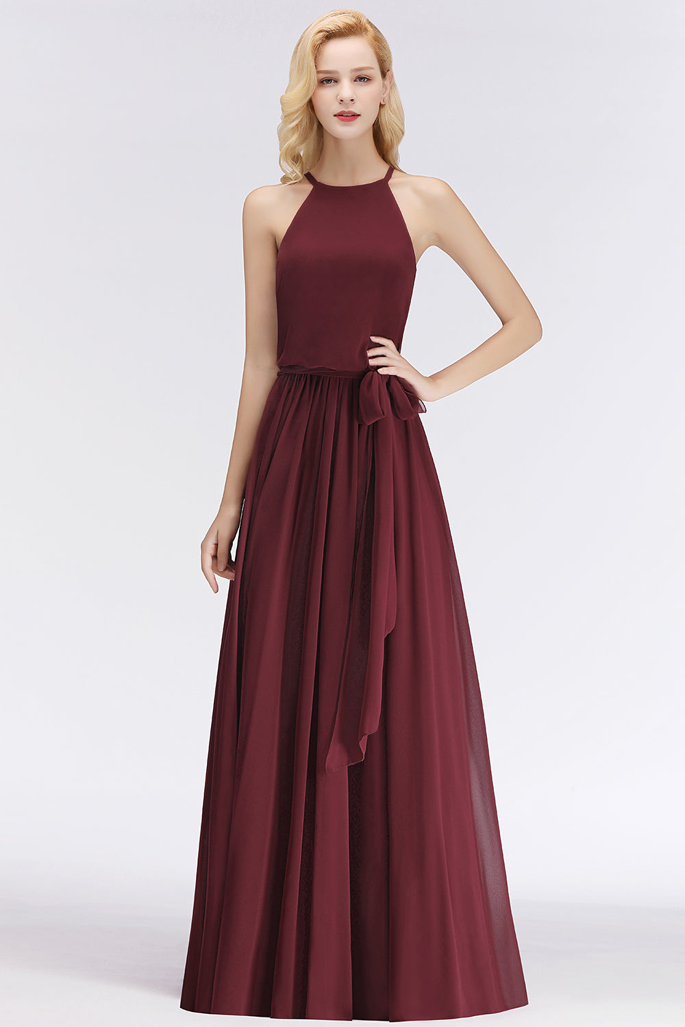 Affordable Halter Bow Long Bridesmaid Dress Modest Burgundy Chiffon Wedding Party Dress-Babyonlines