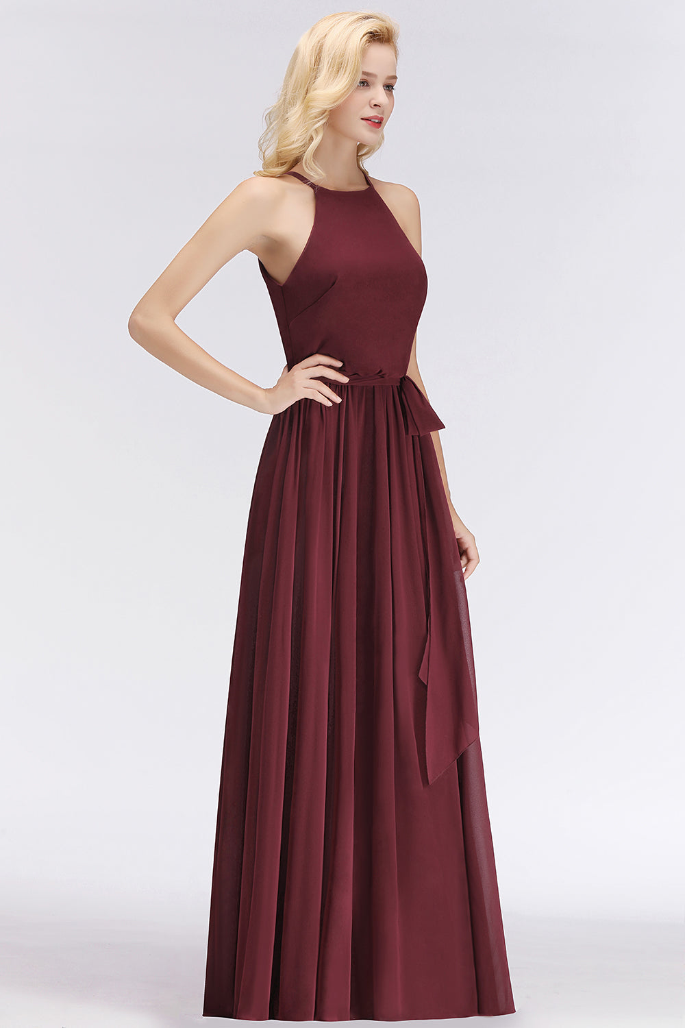 Affordable Halter Bow Long Bridesmaid Dress Modest Burgundy Chiffon Wedding Party Dress-Babyonlines