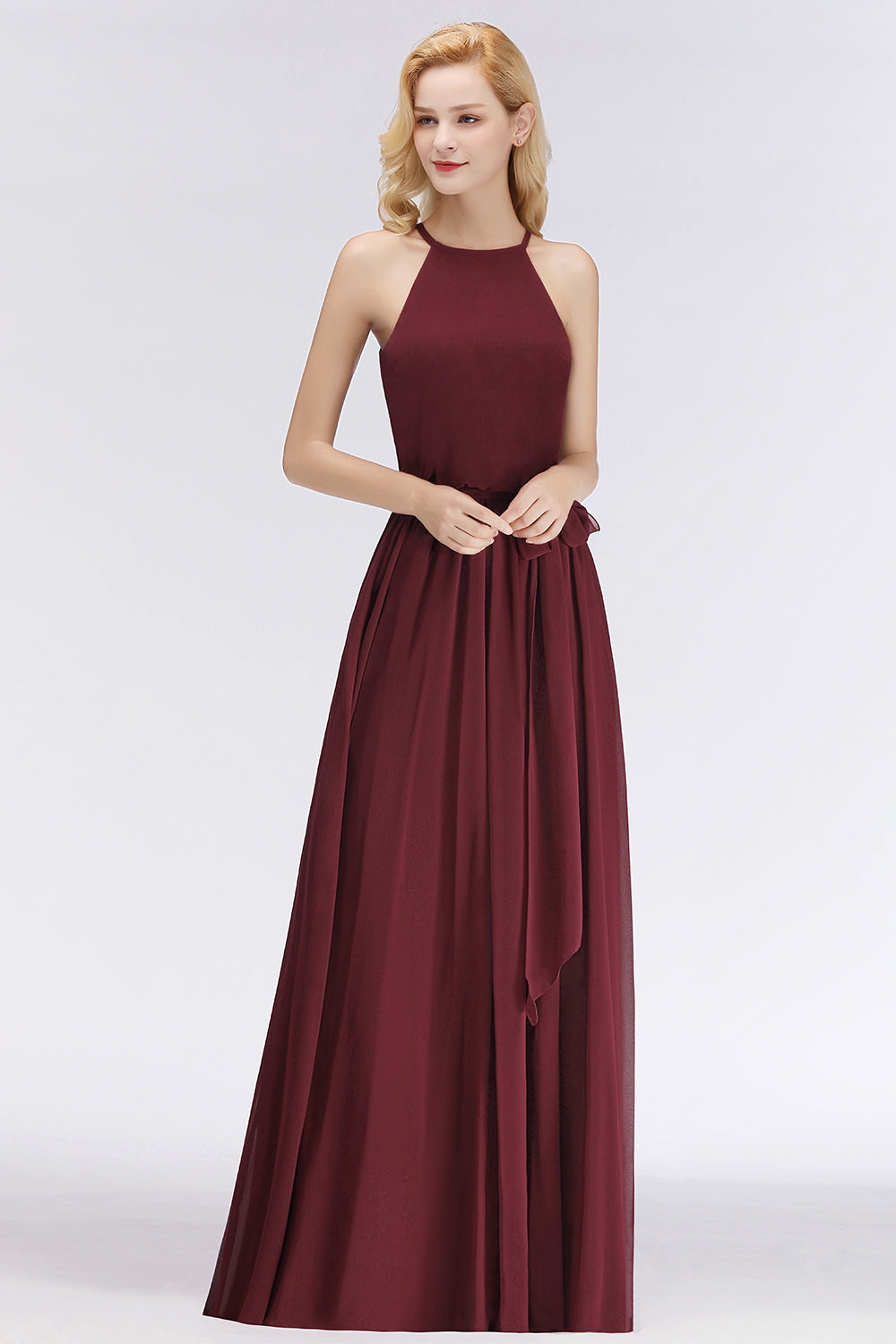 Affordable Halter Bow Long Bridesmaid Dress Modest Burgundy Chiffon Wedding Party Dress-Babyonlines