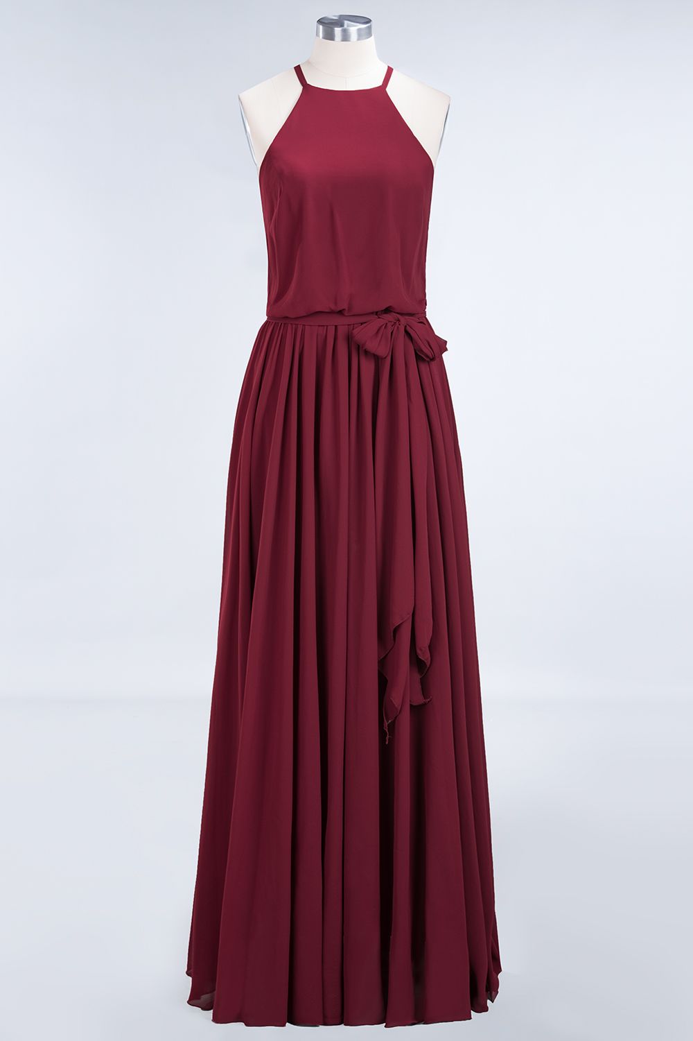 Affordable Halter Bow Long Bridesmaid Dress Modest Burgundy Chiffon Wedding Party Dress-Babyonlines