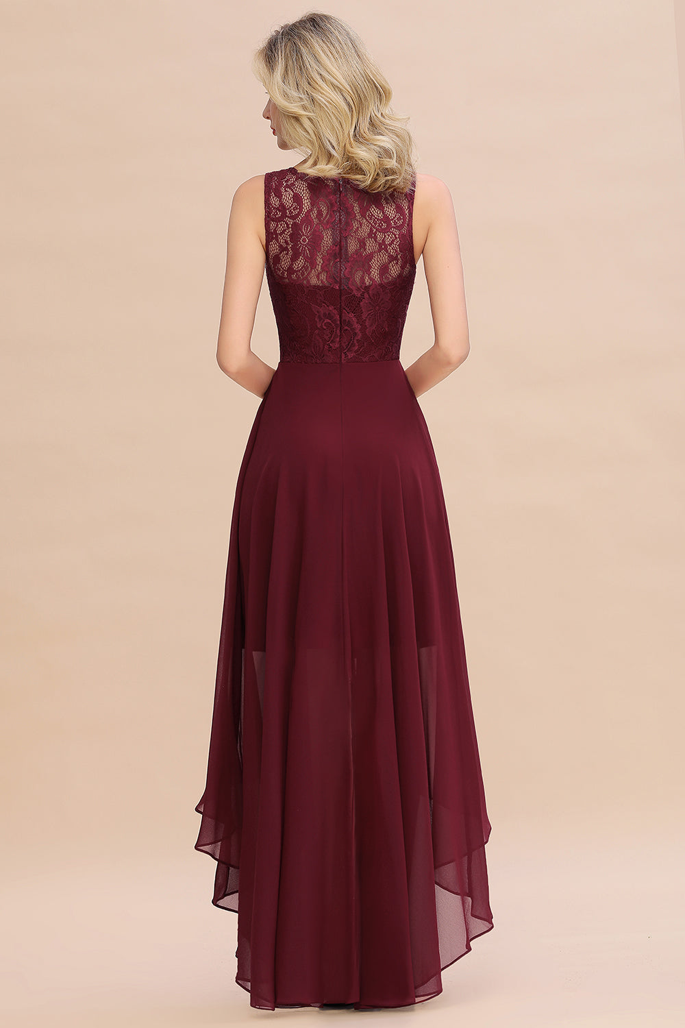 Affordable Hi-Lo Lace Sleeveless Burgundy Chiffon Bridesmaid Dress Online-Babyonlines