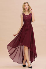 Affordable Hi-Lo Lace Sleeveless Burgundy Chiffon Bridesmaid Dress Online-Babyonlines