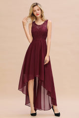 Affordable Hi-Lo Lace Sleeveless Burgundy Chiffon Bridesmaid Dress Online-Babyonlines