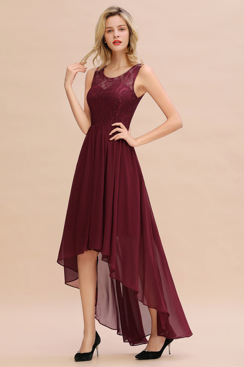 Affordable Hi-Lo Lace Sleeveless Burgundy Chiffon Bridesmaid Dress Online-Babyonlines