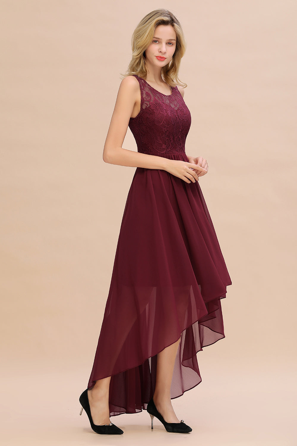 Affordable Hi-Lo Lace Sleeveless Burgundy Chiffon Bridesmaid Dress Online-Babyonlines