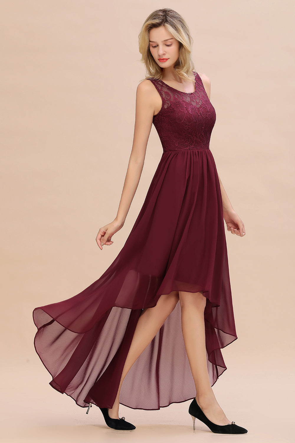 Affordable Hi-Lo Lace Sleeveless Burgundy Chiffon Bridesmaid Dress Online-Babyonlines