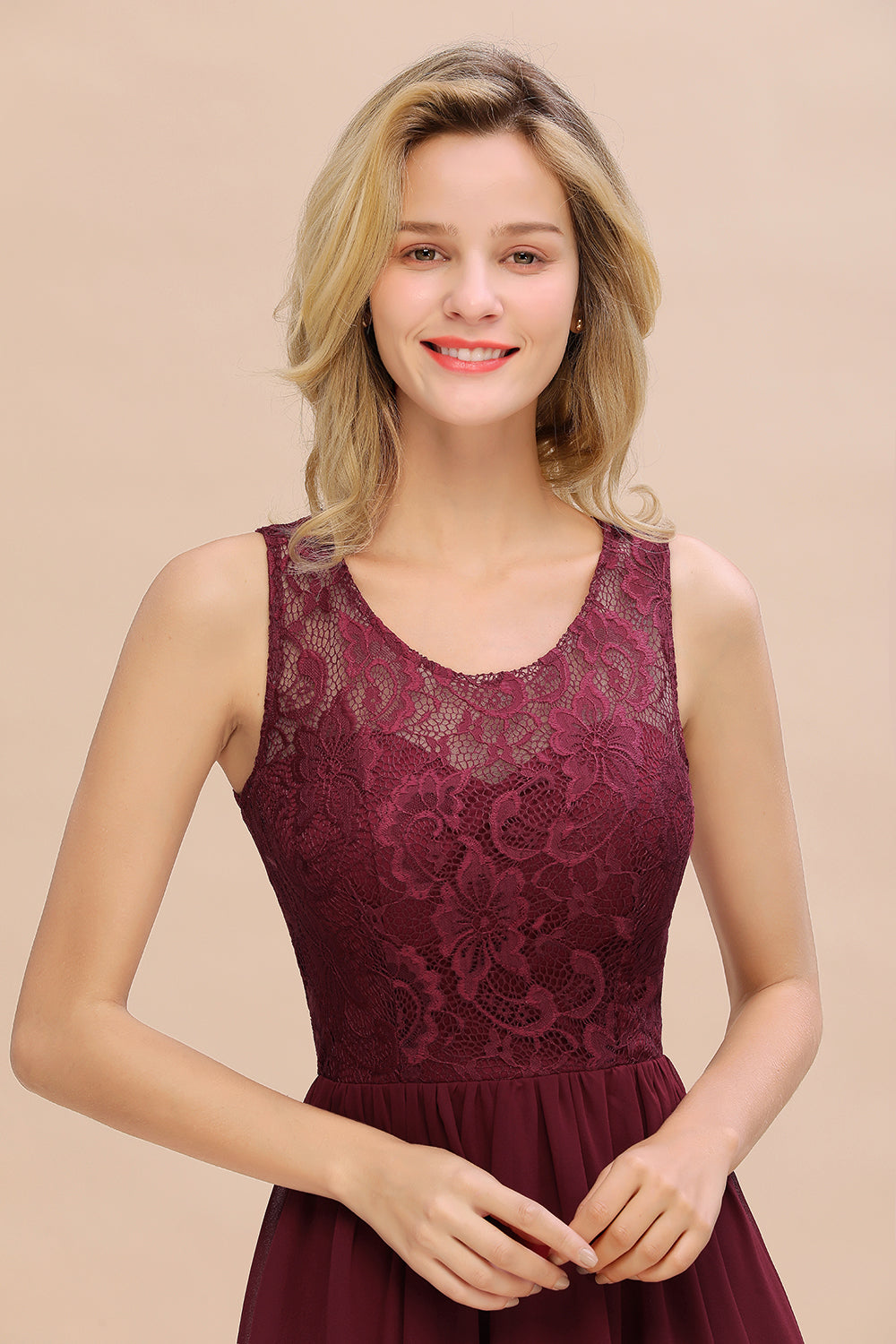 Affordable Hi-Lo Lace Sleeveless Burgundy Chiffon Bridesmaid Dress Online-Babyonlines