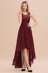 Affordable Hi-Lo Lace Sleeveless Burgundy Chiffon Bridesmaid Dress Online-Babyonlines