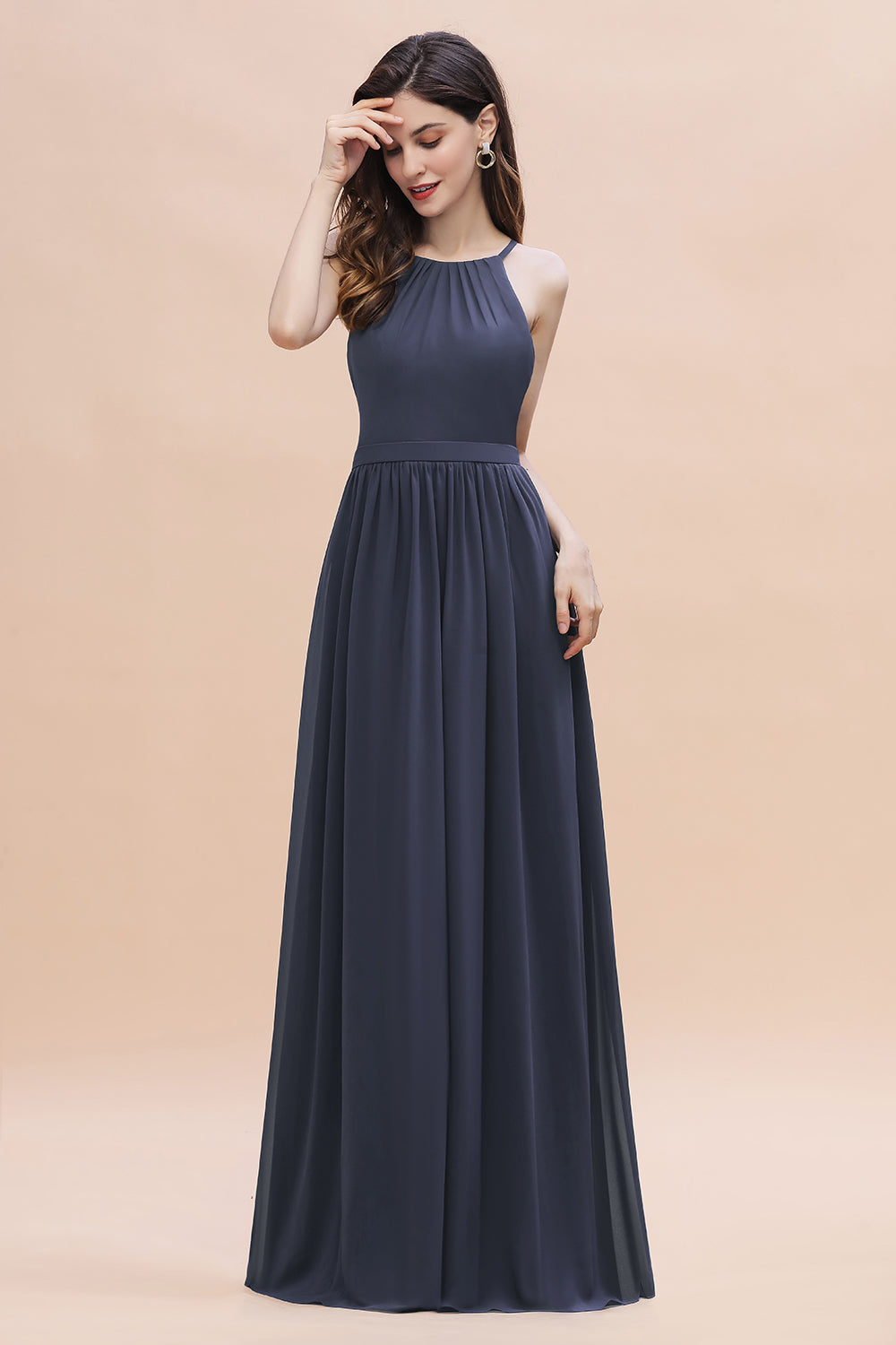 Affordable Jewel Sleeveless Stormy Chiffon Bridesmaid Dress with Ruffles Online-Babyonlines