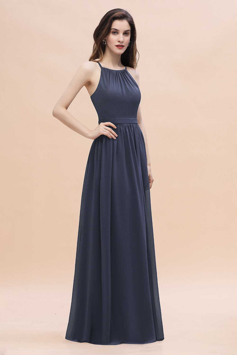 Affordable Jewel Sleeveless Stormy Chiffon Bridesmaid Dress with Ruffles Online-Babyonlines