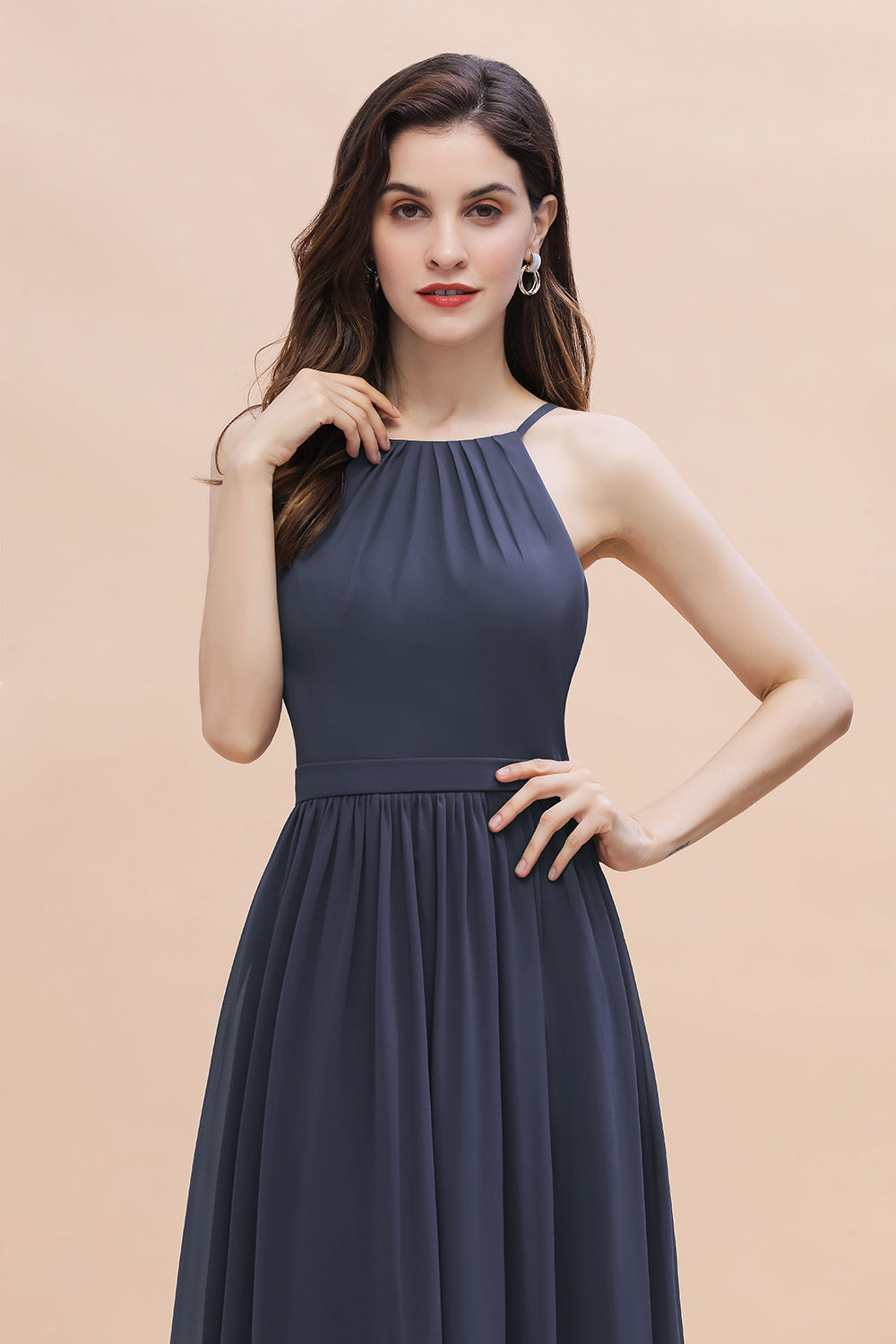 Affordable Jewel Sleeveless Stormy Chiffon Bridesmaid Dress with Ruffles Online-Babyonlines