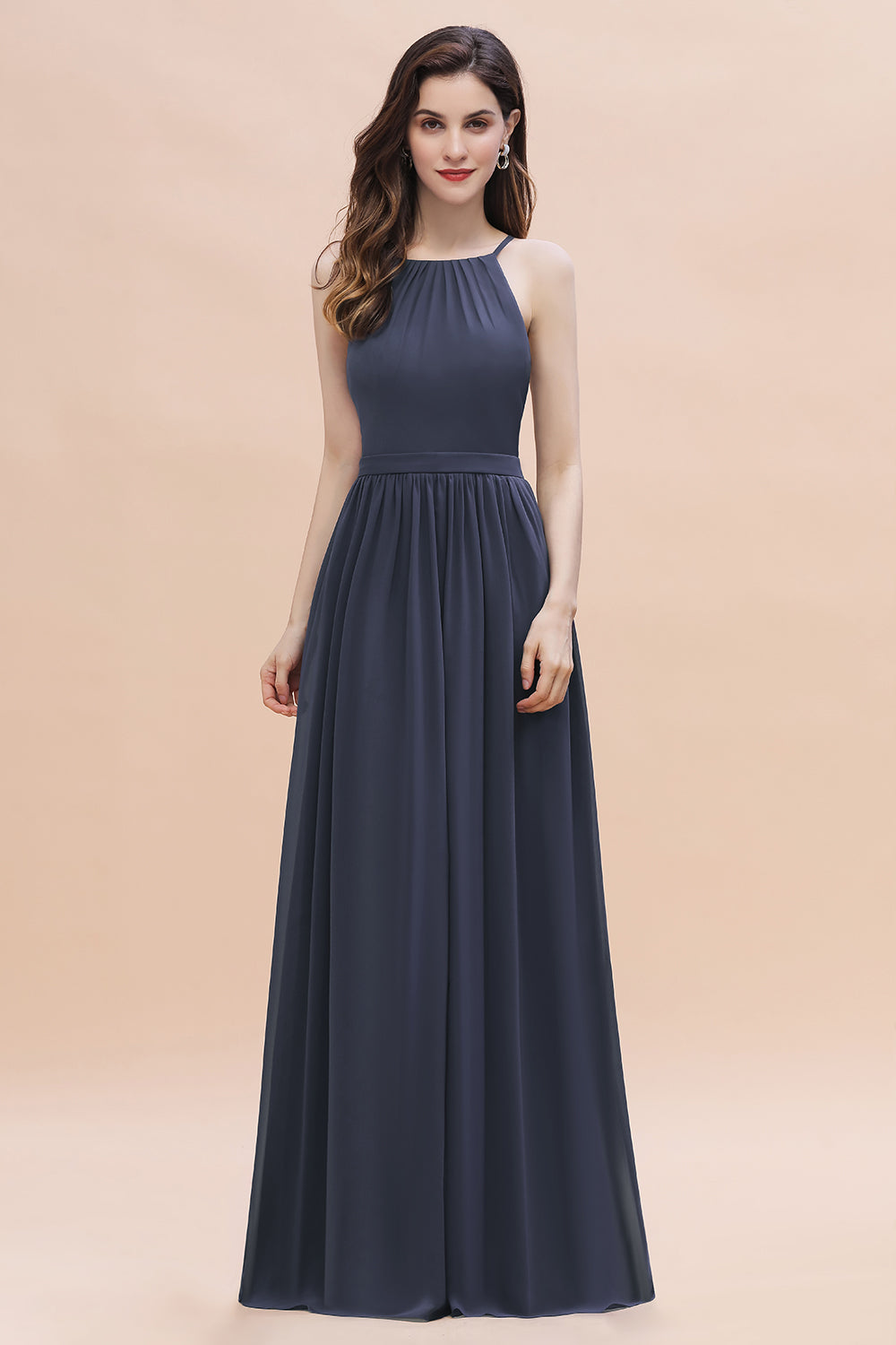 Affordable Jewel Sleeveless Stormy Chiffon Bridesmaid Dress with Ruffles Online-Babyonlines