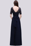 Affordable Lace Scoop Dark Navy Bridesmaid Dresses with Half-Sleeves-Babyonlines