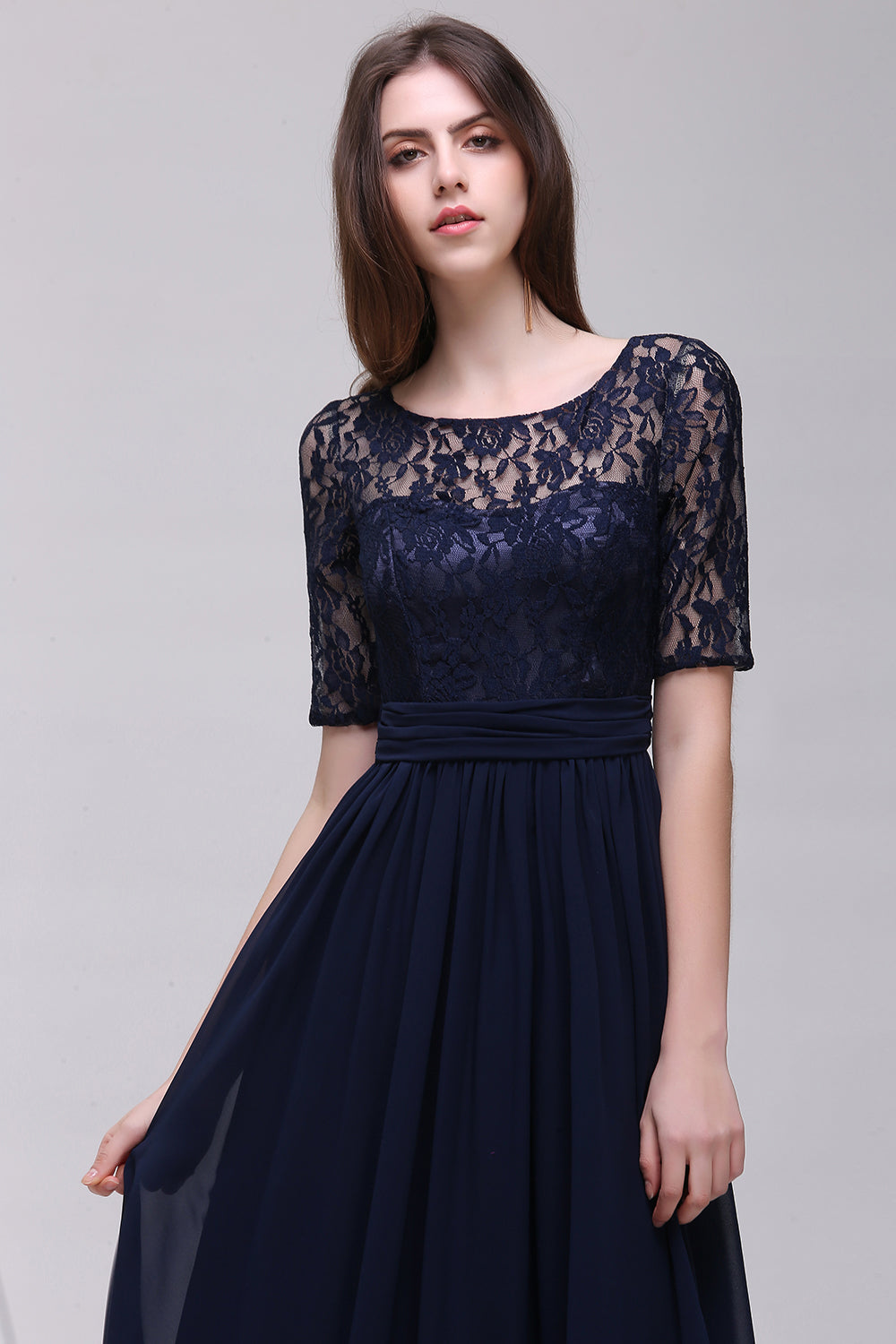 Affordable Lace Scoop Dark Navy Bridesmaid Dresses with Half-Sleeves-Babyonlines