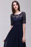 Affordable Lace Scoop Dark Navy Bridesmaid Dresses with Half-Sleeves-Babyonlines