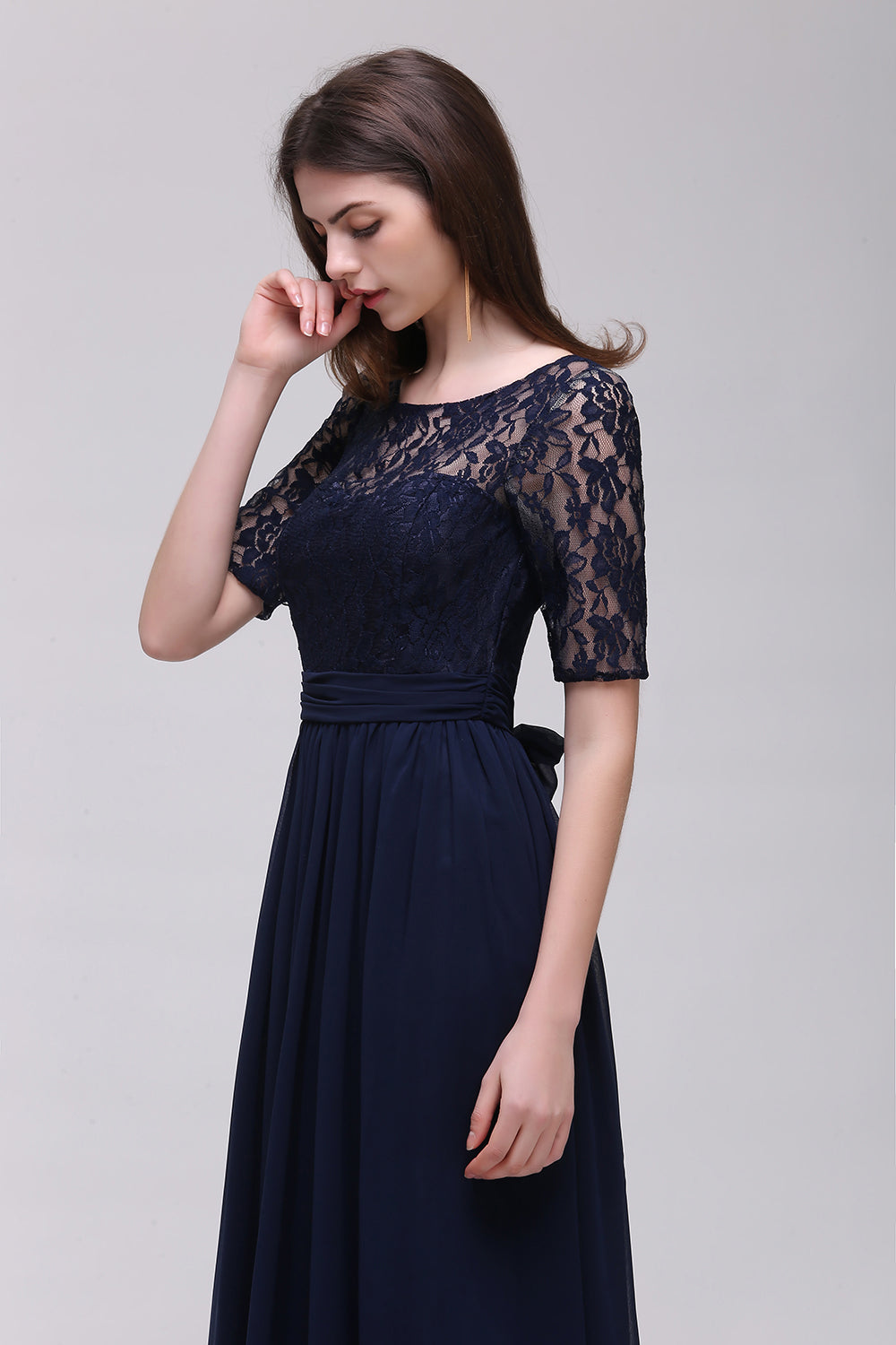 Affordable Lace Scoop Dark Navy Bridesmaid Dresses with Half-Sleeves-Babyonlines