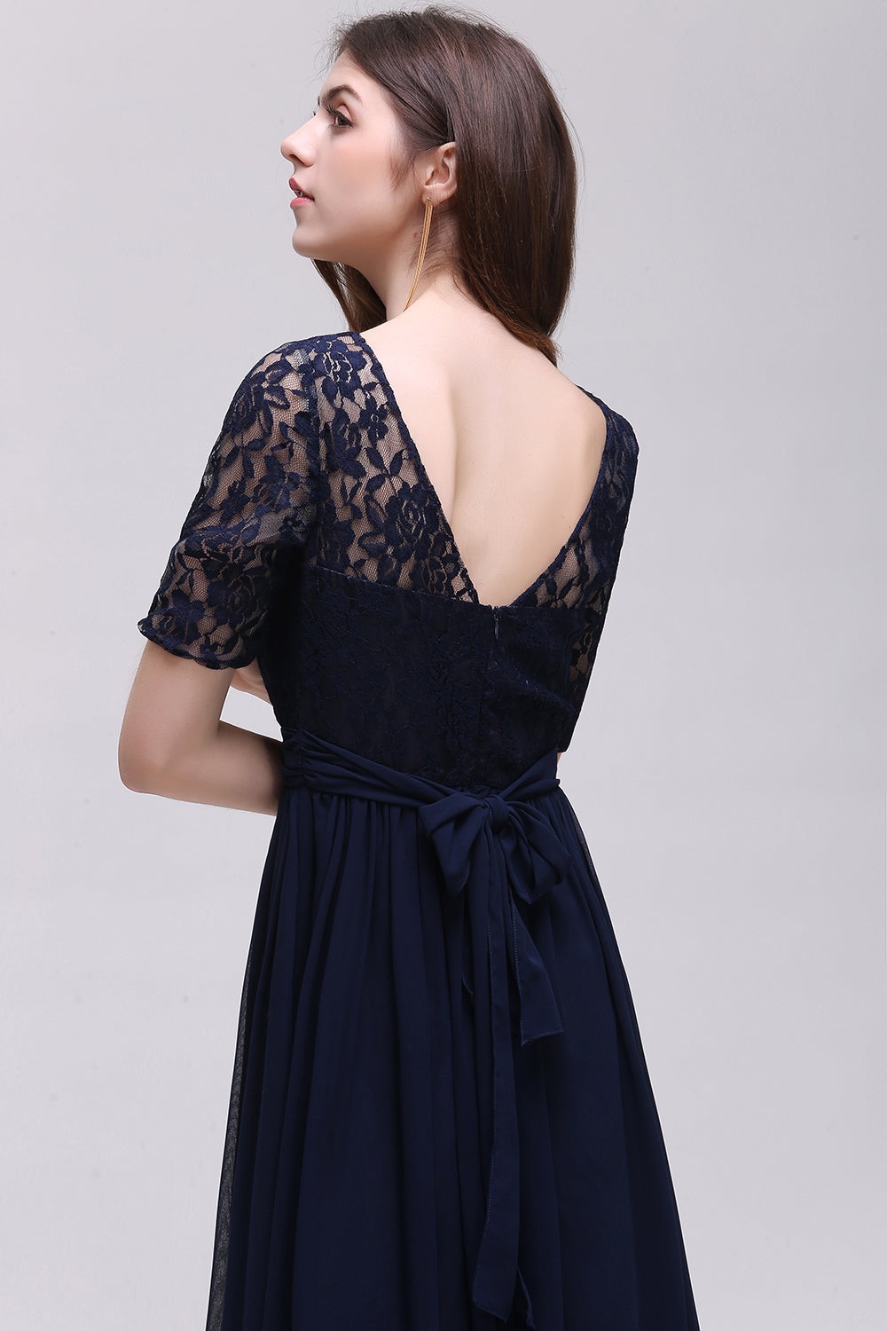 Affordable Lace Scoop Dark Navy Bridesmaid Dresses with Half-Sleeves-Babyonlines