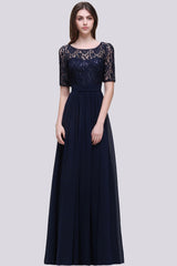 Affordable Lace Scoop Dark Navy Bridesmaid Dresses with Half-Sleeves-Babyonlines