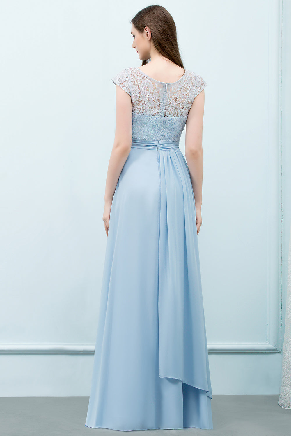 Affordable Lace Sleeveless Blue Bridesmaid Dresses With Scoop Cap-Babyonlines