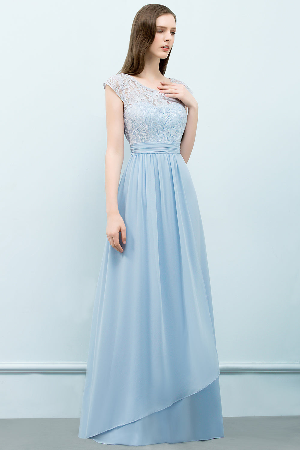 Affordable Lace Sleeveless Blue Bridesmaid Dresses With Scoop Cap-Babyonlines