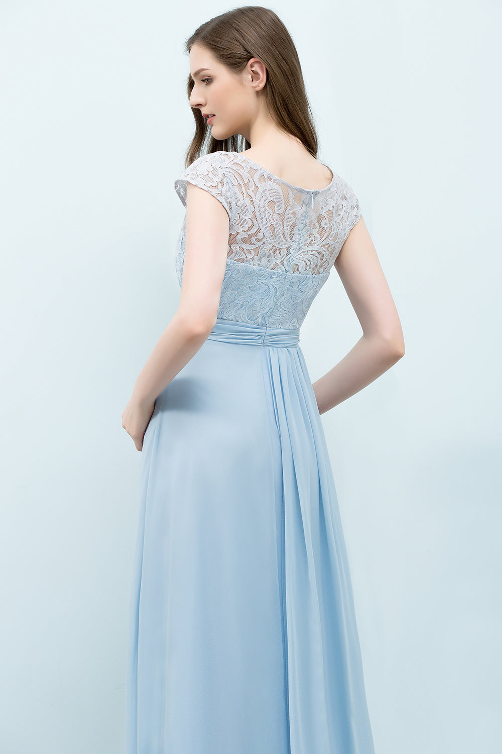 Affordable Lace Sleeveless Blue Bridesmaid Dresses With Scoop Cap-Babyonlines