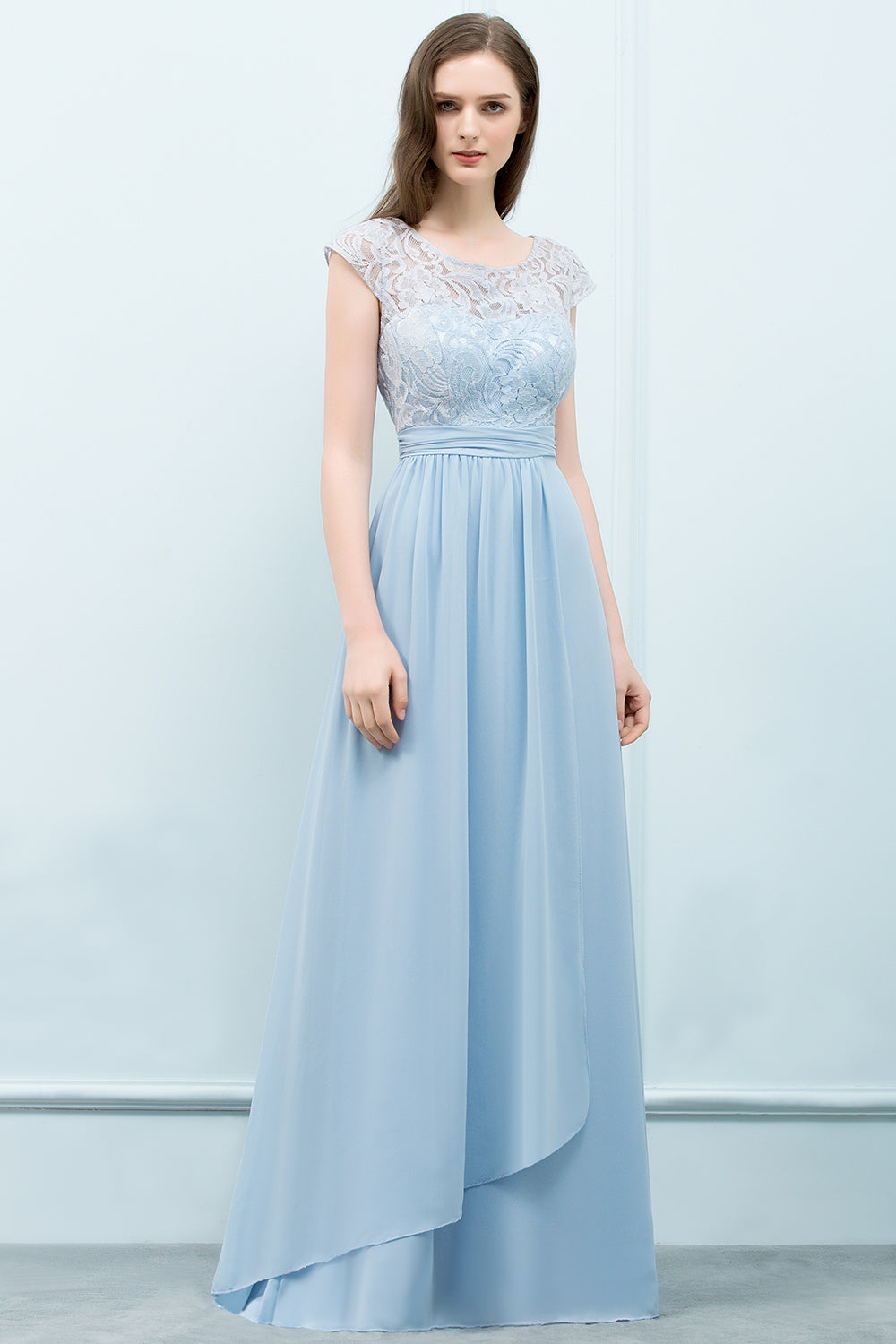 Affordable Lace Sleeveless Blue Bridesmaid Dresses With Scoop Cap-Babyonlines