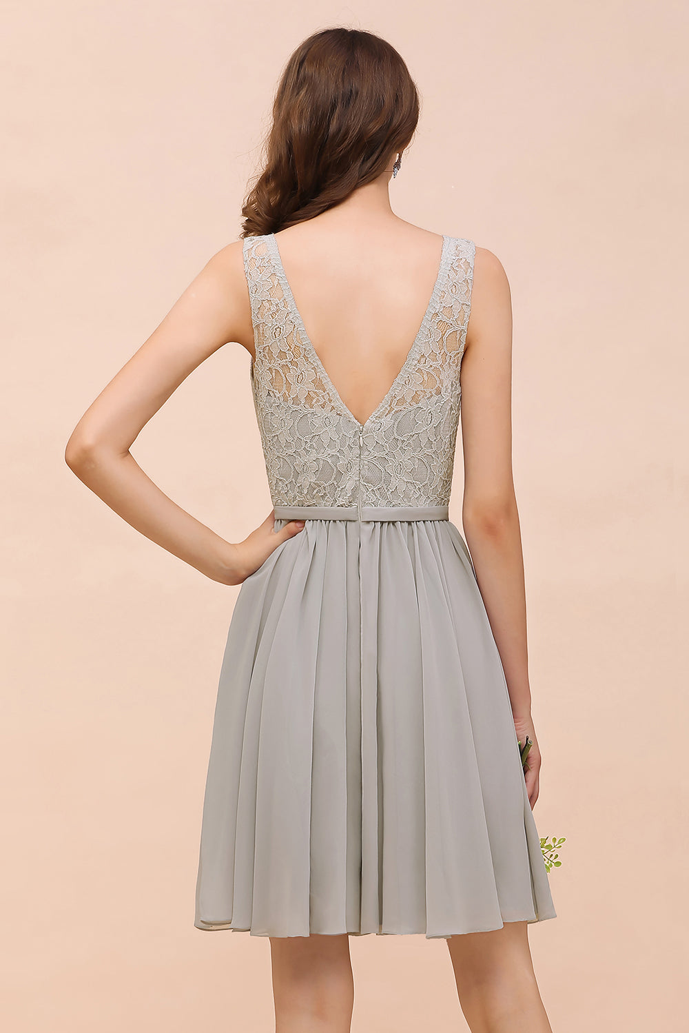 Affordable Lace V-Neck Silver Chiffon Short Bridesmaid Dress Online-Babyonlines