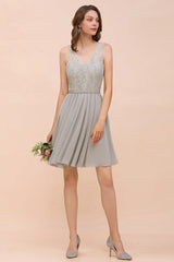 Affordable Lace V-Neck Silver Chiffon Short Bridesmaid Dress Online-Babyonlines