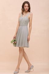 Affordable Lace V-Neck Silver Chiffon Short Bridesmaid Dress Online-Babyonlines