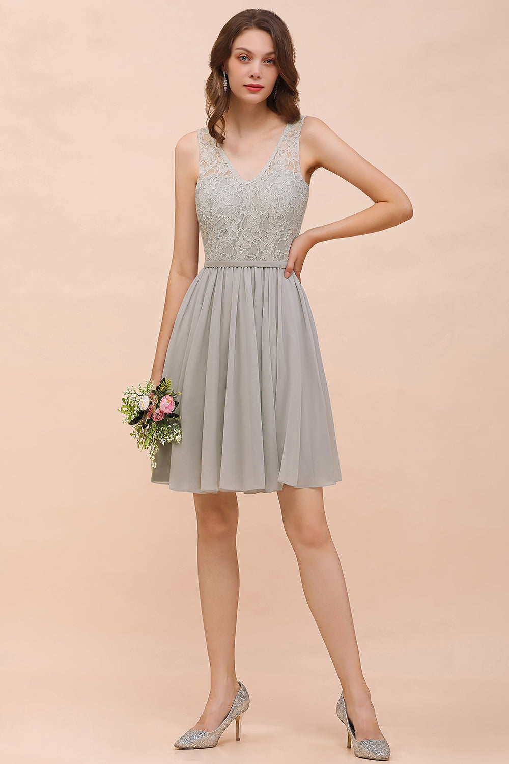 Affordable Lace V-Neck Silver Chiffon Short Bridesmaid Dress Online-Babyonlines