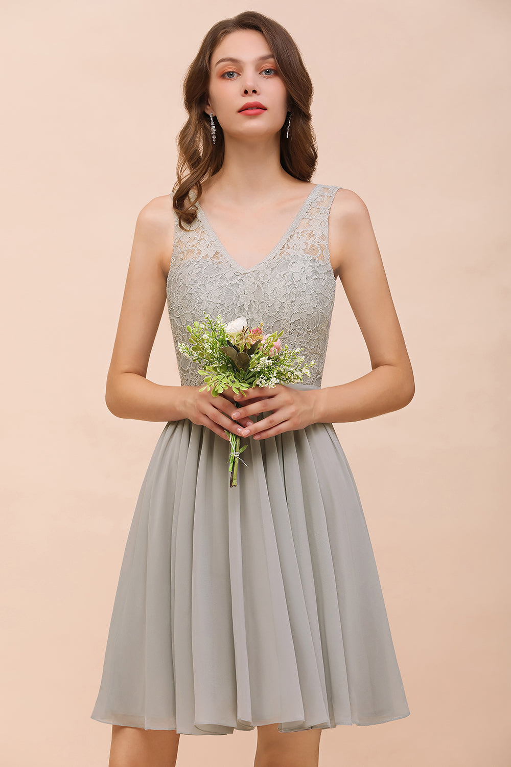 Affordable Lace V-Neck Silver Chiffon Short Bridesmaid Dress Online-Babyonlines