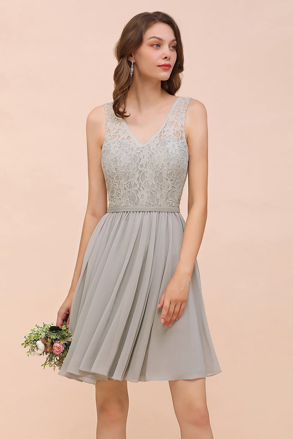 Affordable Lace V-Neck Silver Chiffon Short Bridesmaid Dress Online-Babyonlines