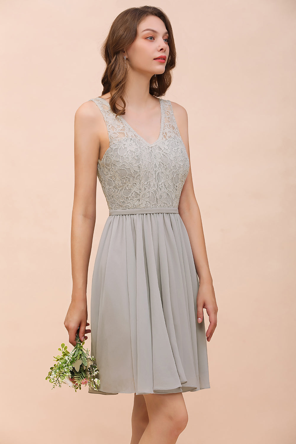 Affordable Lace V-Neck Silver Chiffon Short Bridesmaid Dress Online-Babyonlines