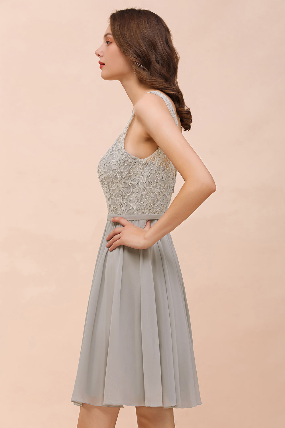 Affordable Lace V-Neck Silver Chiffon Short Bridesmaid Dress Online-Babyonlines