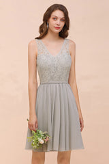 Affordable Lace V-Neck Silver Chiffon Short Bridesmaid Dress Online-Babyonlines