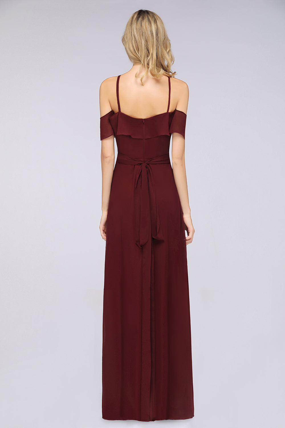 Affordable Spaghetti Straps Burgundy Long Bridesmaid Dress With Bow Sash-Babyonlines