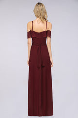 Affordable Spaghetti Straps Burgundy Long Bridesmaid Dress With Bow Sash-Babyonlines