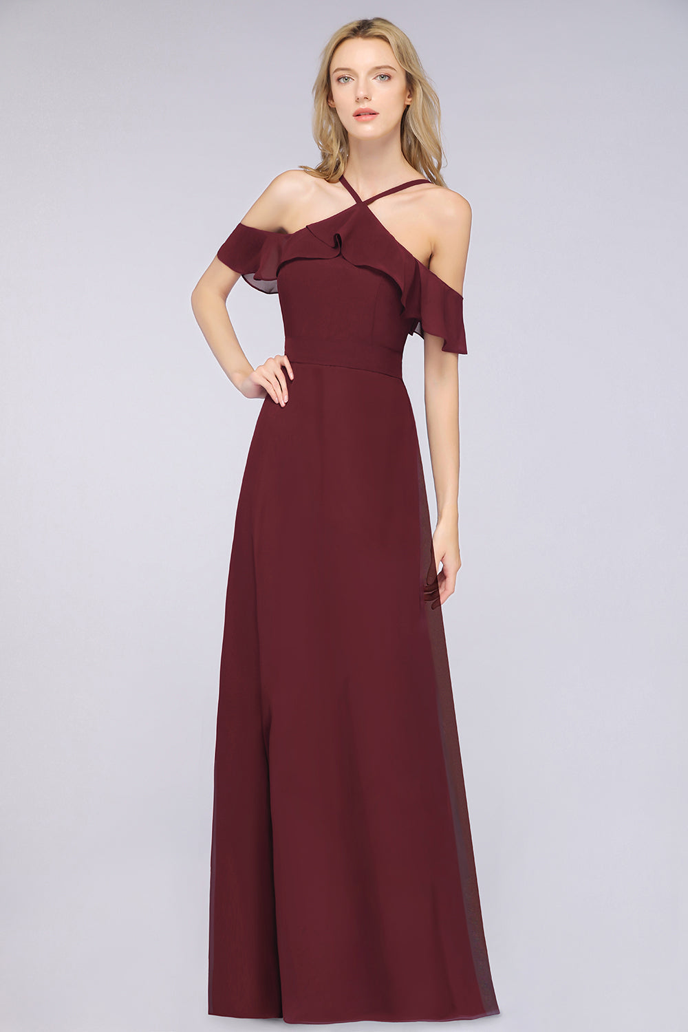 Affordable Spaghetti Straps Burgundy Long Bridesmaid Dress With Bow Sash-Babyonlines