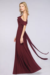 Affordable Spaghetti Straps Burgundy Long Bridesmaid Dress With Bow Sash-Babyonlines