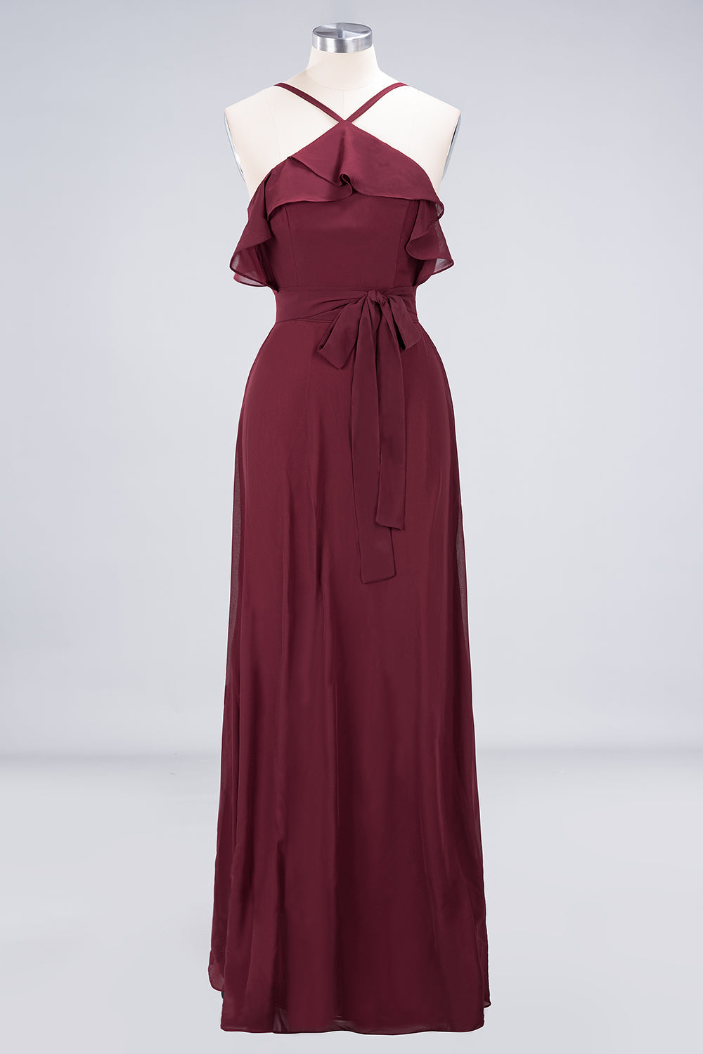 Affordable Spaghetti Straps Burgundy Long Bridesmaid Dress With Bow Sash-Babyonlines