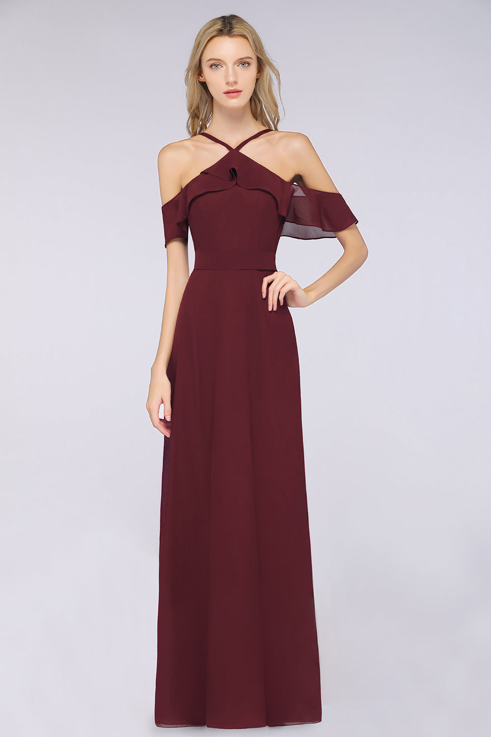 Affordable Spaghetti Straps Burgundy Long Bridesmaid Dress With Bow Sash-Babyonlines