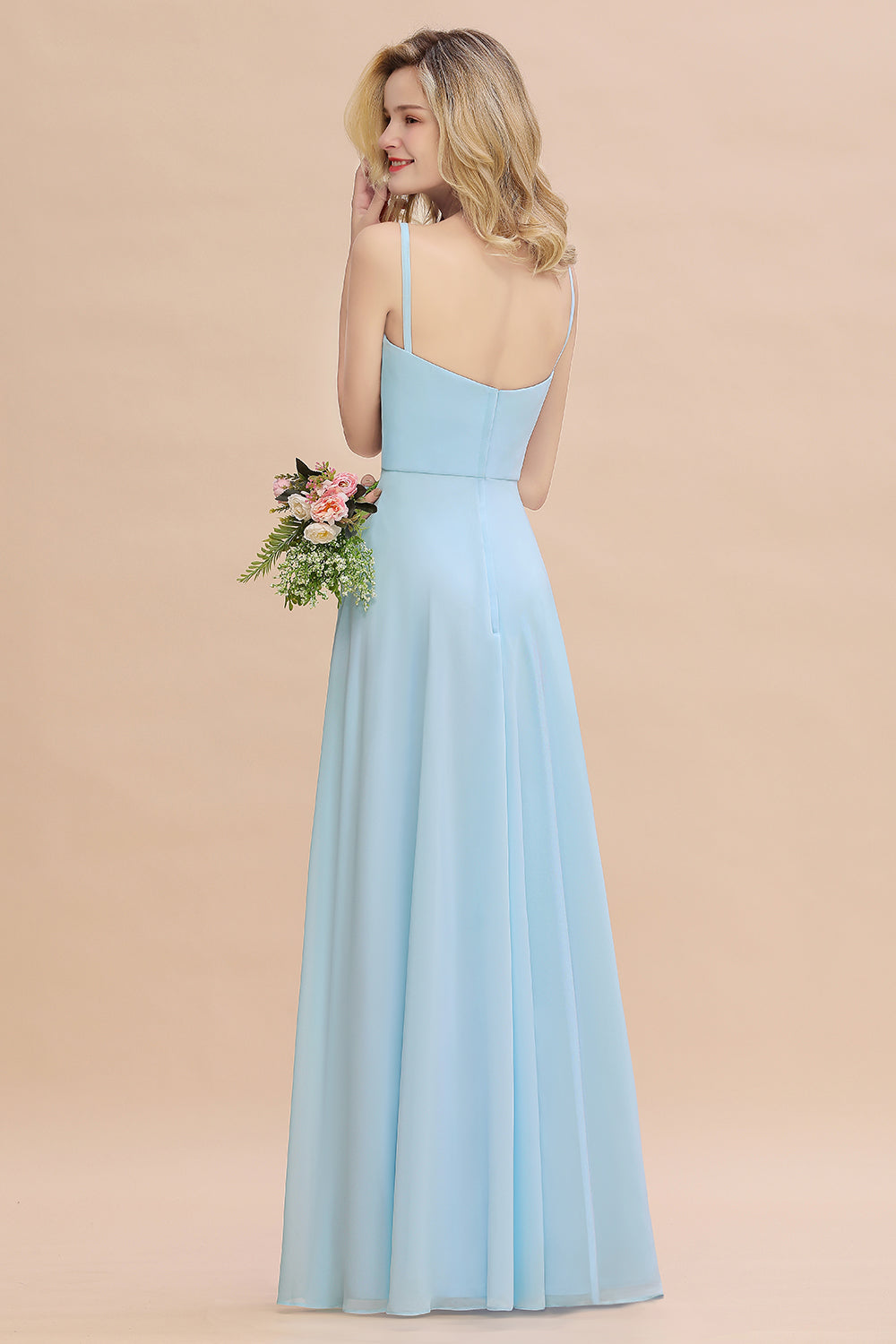 Affordable Spaghetti-Straps Slit Long Chiffon Bridesmaid Dress with Ruffle-Babyonlines