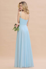 Affordable Spaghetti-Straps Slit Long Chiffon Bridesmaid Dress with Ruffle-Babyonlines