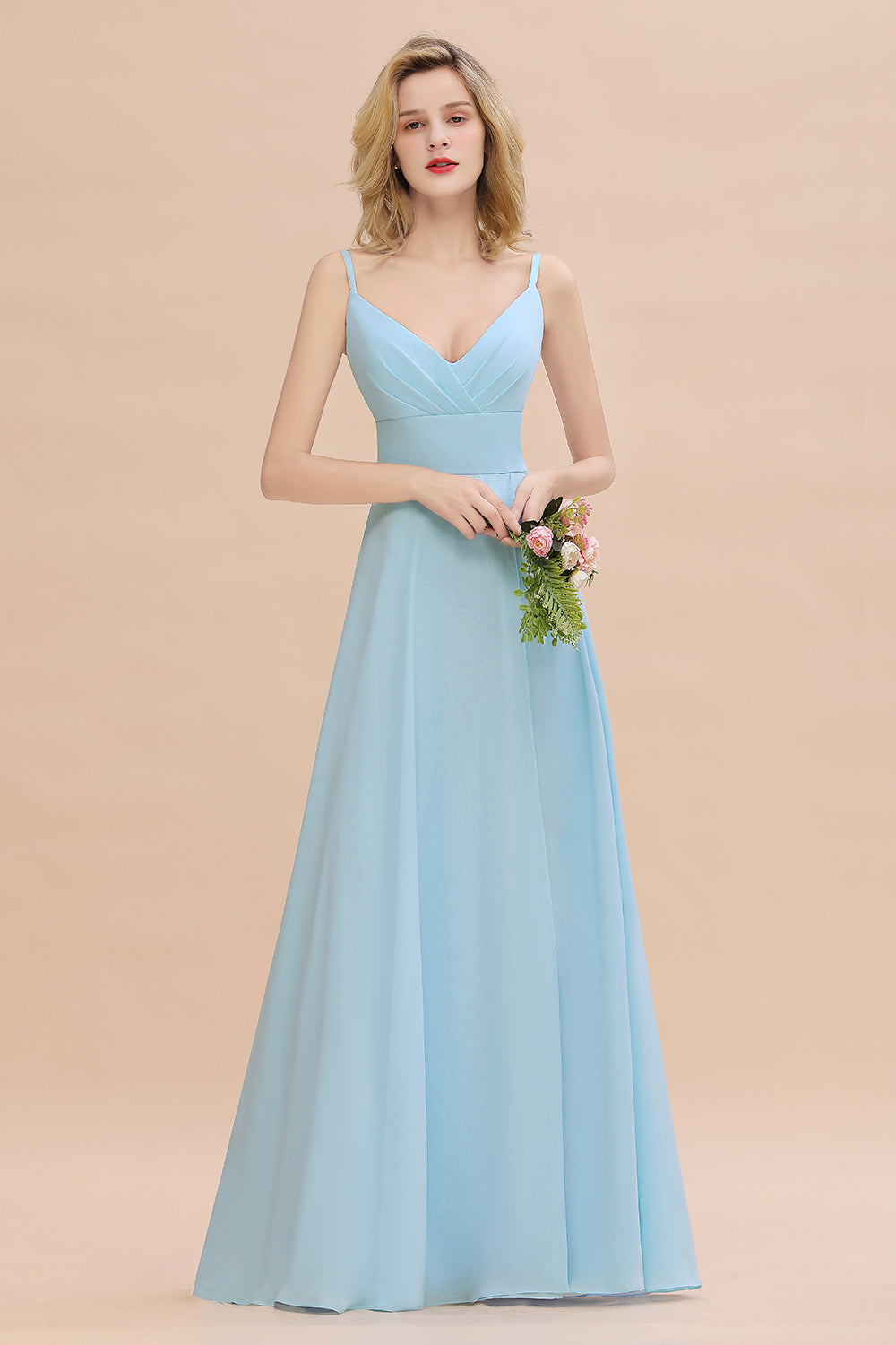 Affordable Spaghetti-Straps Slit Long Chiffon Bridesmaid Dress with Ruffle-Babyonlines