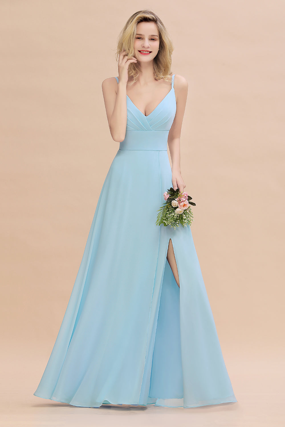 Affordable Spaghetti-Straps Slit Long Chiffon Bridesmaid Dress with Ruffle-Babyonlines