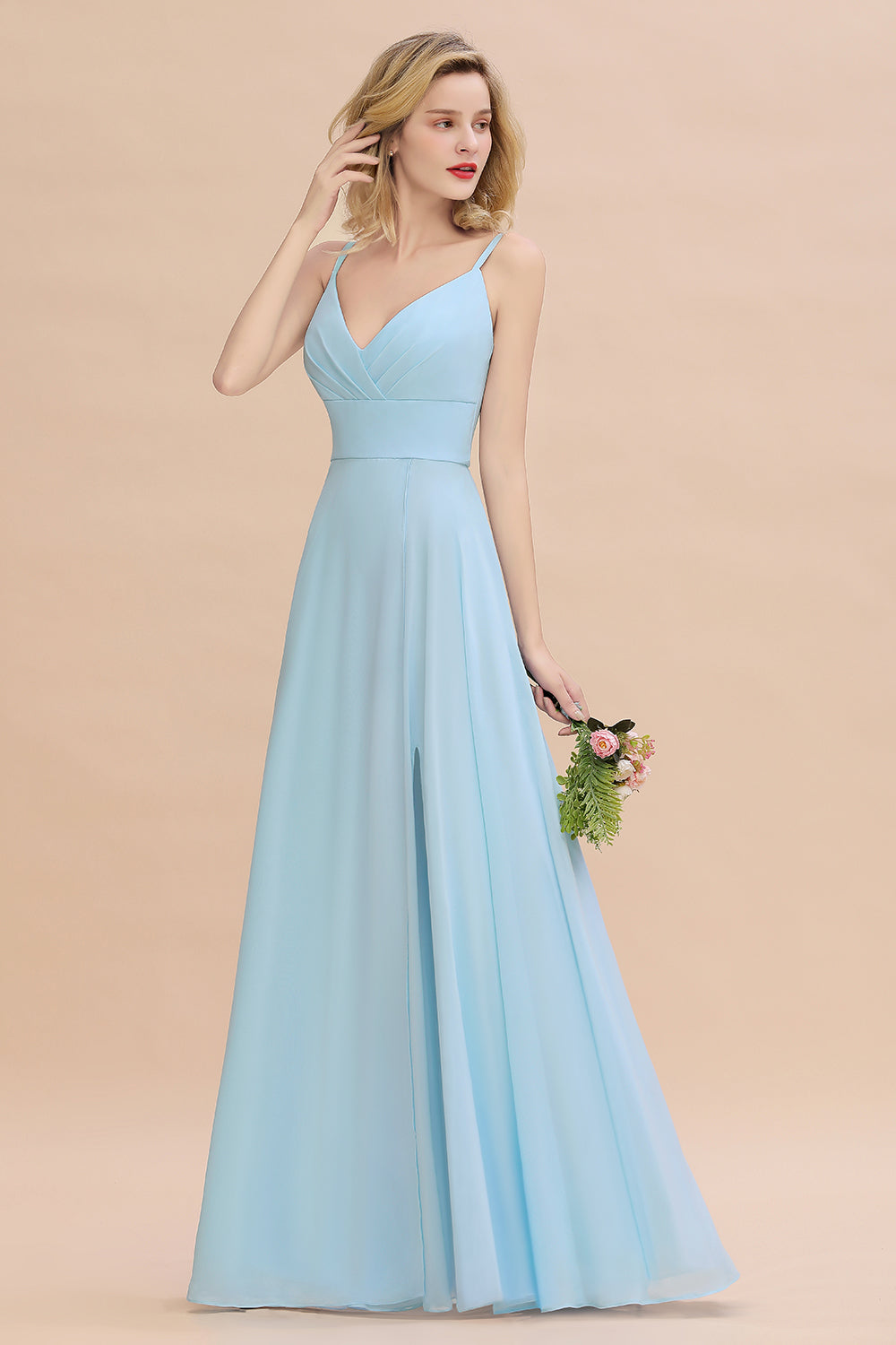 Affordable Spaghetti-Straps Slit Long Chiffon Bridesmaid Dress with Ruffle-Babyonlines