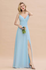 Affordable Spaghetti-Straps Slit Long Chiffon Bridesmaid Dress with Ruffle-Babyonlines