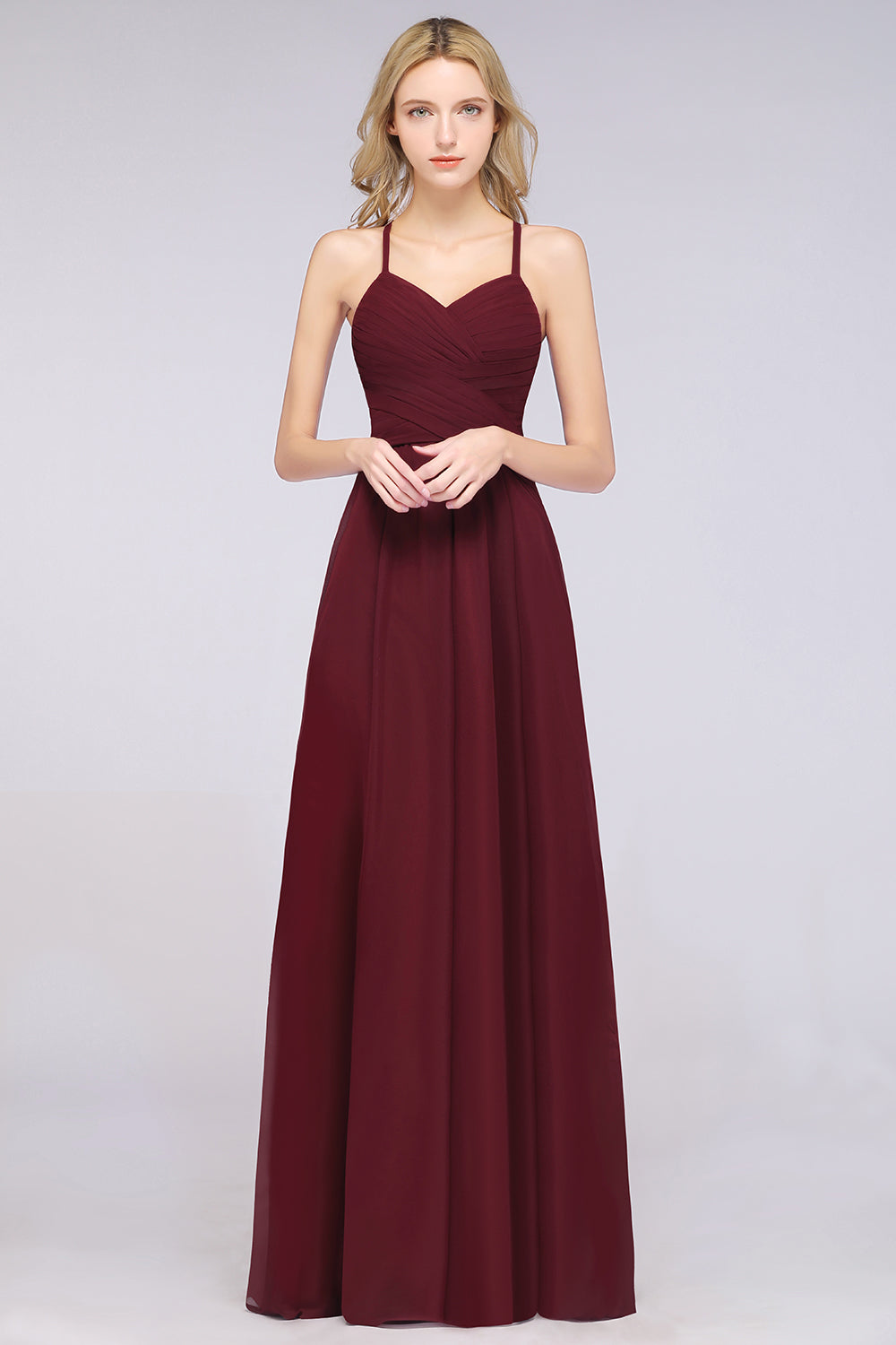 Affordable Spaghetti Straps V-Neck Burgundy Chiffon Bridesmaid Dress with Keyhole Back-Babyonlines