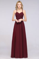 Affordable Spaghetti Straps V-Neck Burgundy Chiffon Bridesmaid Dress with Keyhole Back-Babyonlines